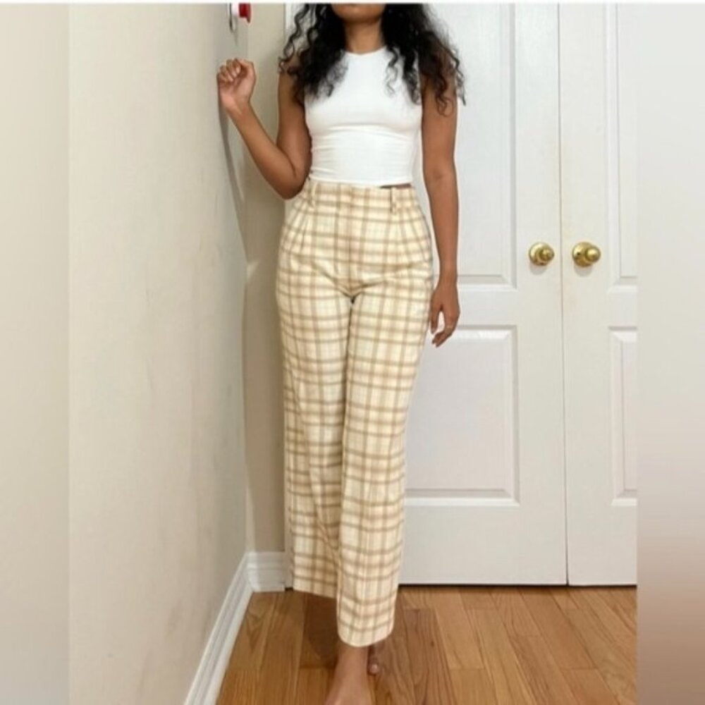 NEW WILFRED Effortless Pants Wool Plaid Wide Leg Francesca Tan White 10 Aritzia